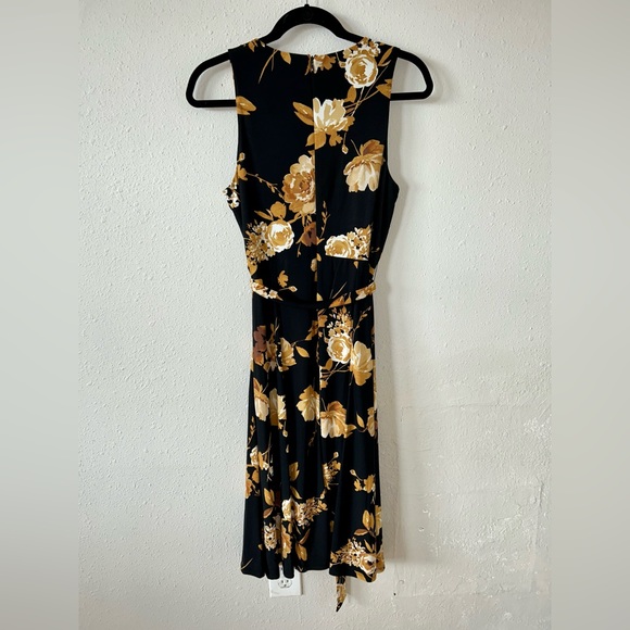 NWT Anne Klein black/mustard yellow floral tie waist sleeveless midi dress sz 6 - Picture 7 of 10